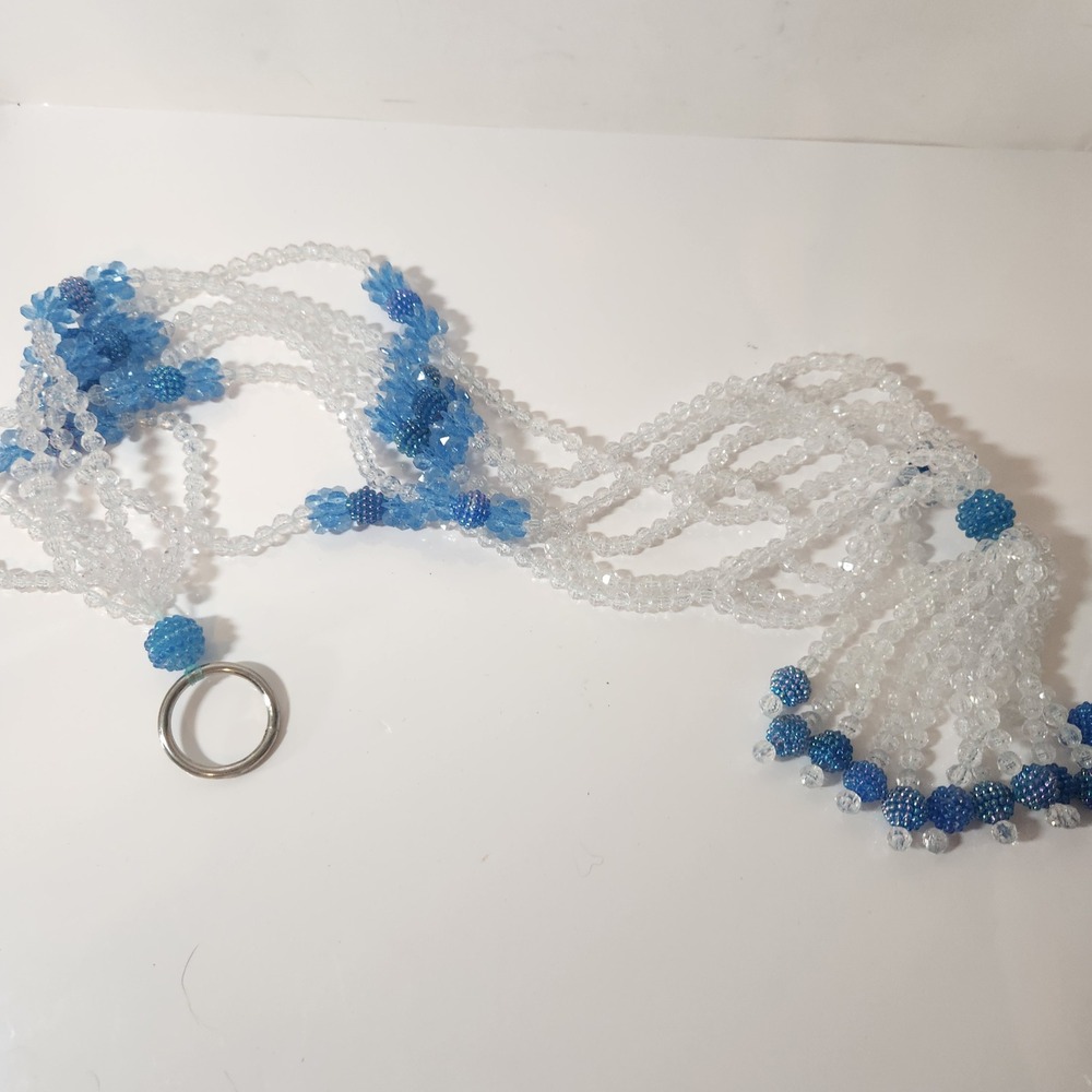 Vintage Beaded Plant Hanger Clear Blue Acrylic Faceted Beads Boho Tassel 33in